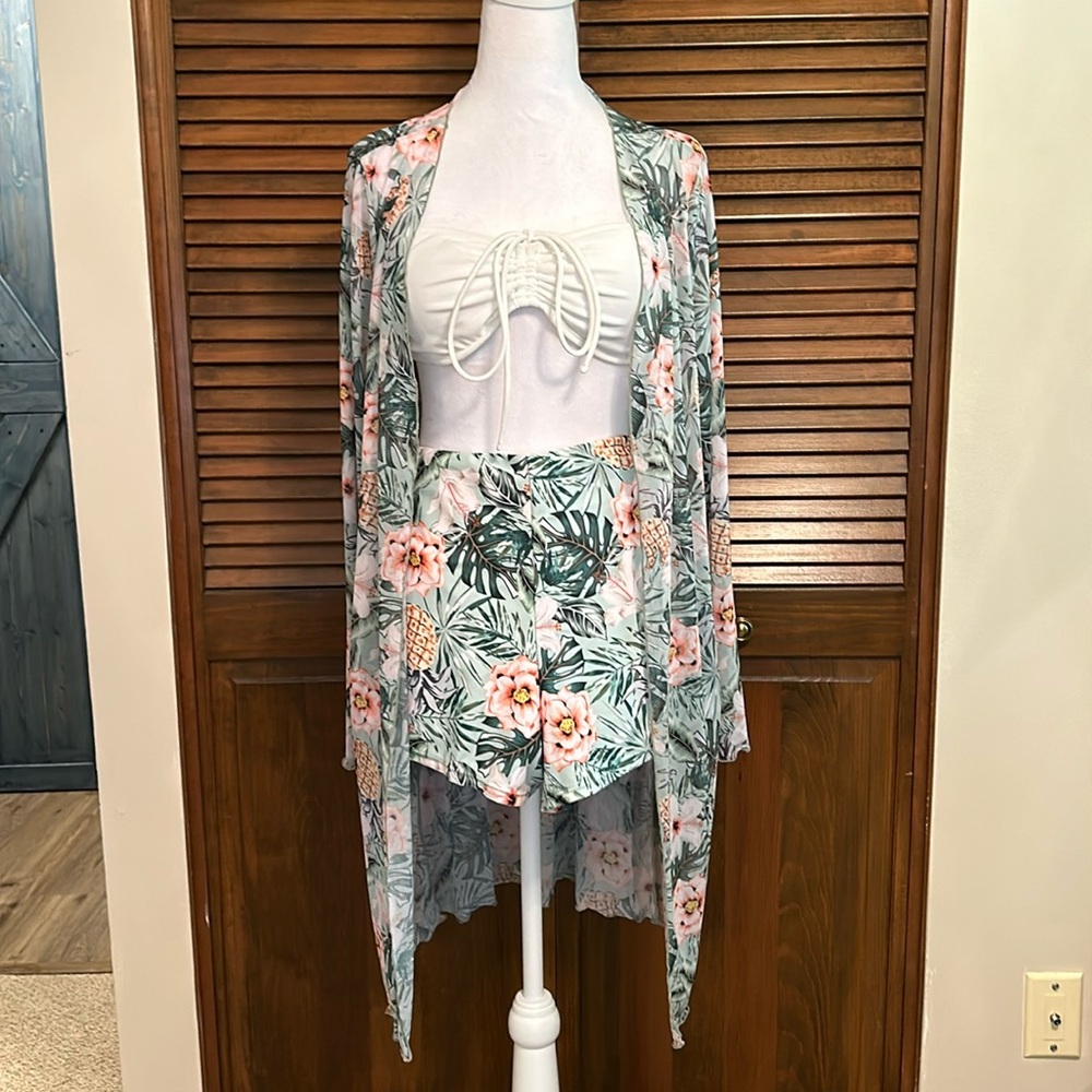 Tropical Print Matching Swim/Shorts and Kimono 2 Pc. Set